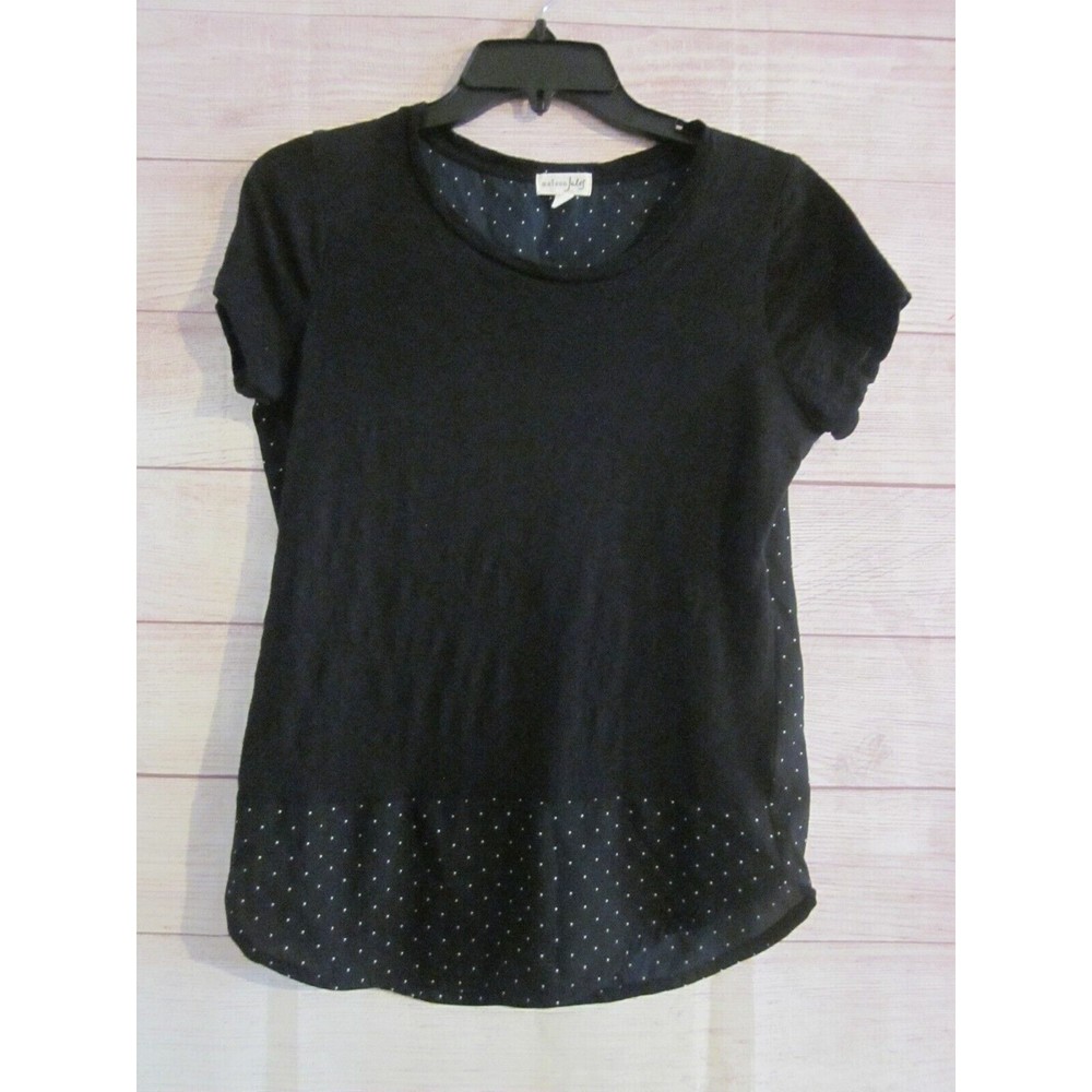 Maison Jules Womens Small Knit Polka Dot Short Sleeves T-Shirt Top Black White